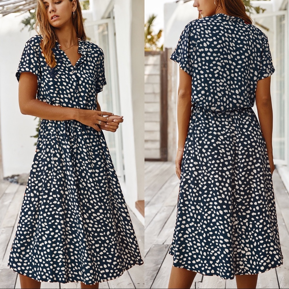 🆕String Tie Waist Short Sleeve Dress Dark Navy